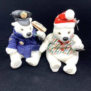 2 Coca-Cola Bean Bag Plush Polar Bears Policeman Striped Vest w/Bowtie 1999 Vtg